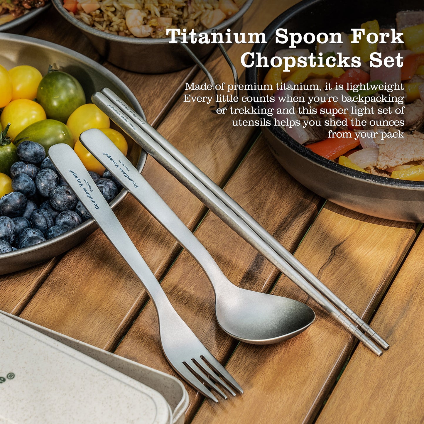 Boundless Voyage Titanium Spoon Fork Chopsticks Set Outdoor Camping Ultralight Cutlery for Soup Meal Portable Tableware