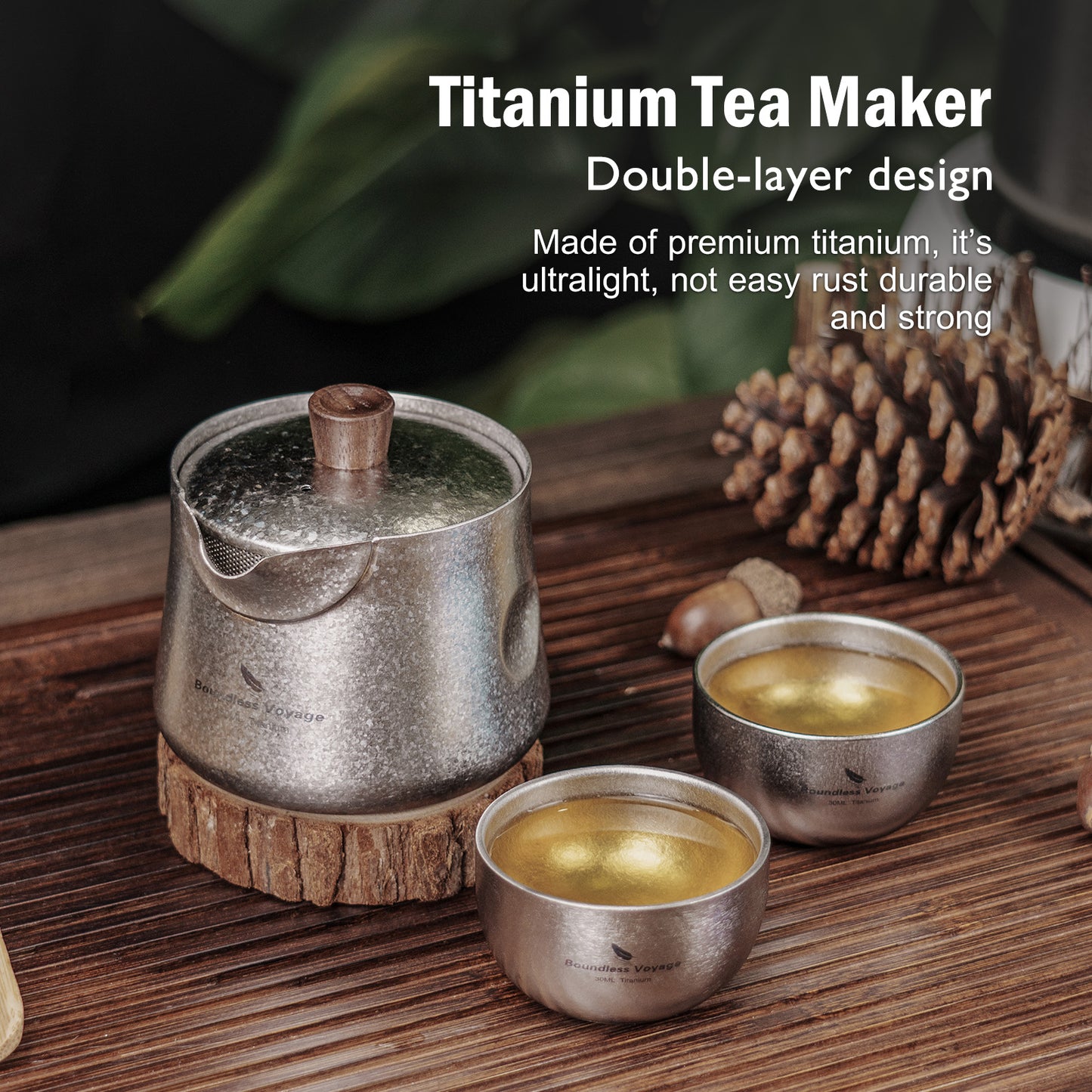 Boundless Voyage Titanium Double-Layer Tea Maker Cups Set Outdoor Camping Portable Tea Pot Tea Mug