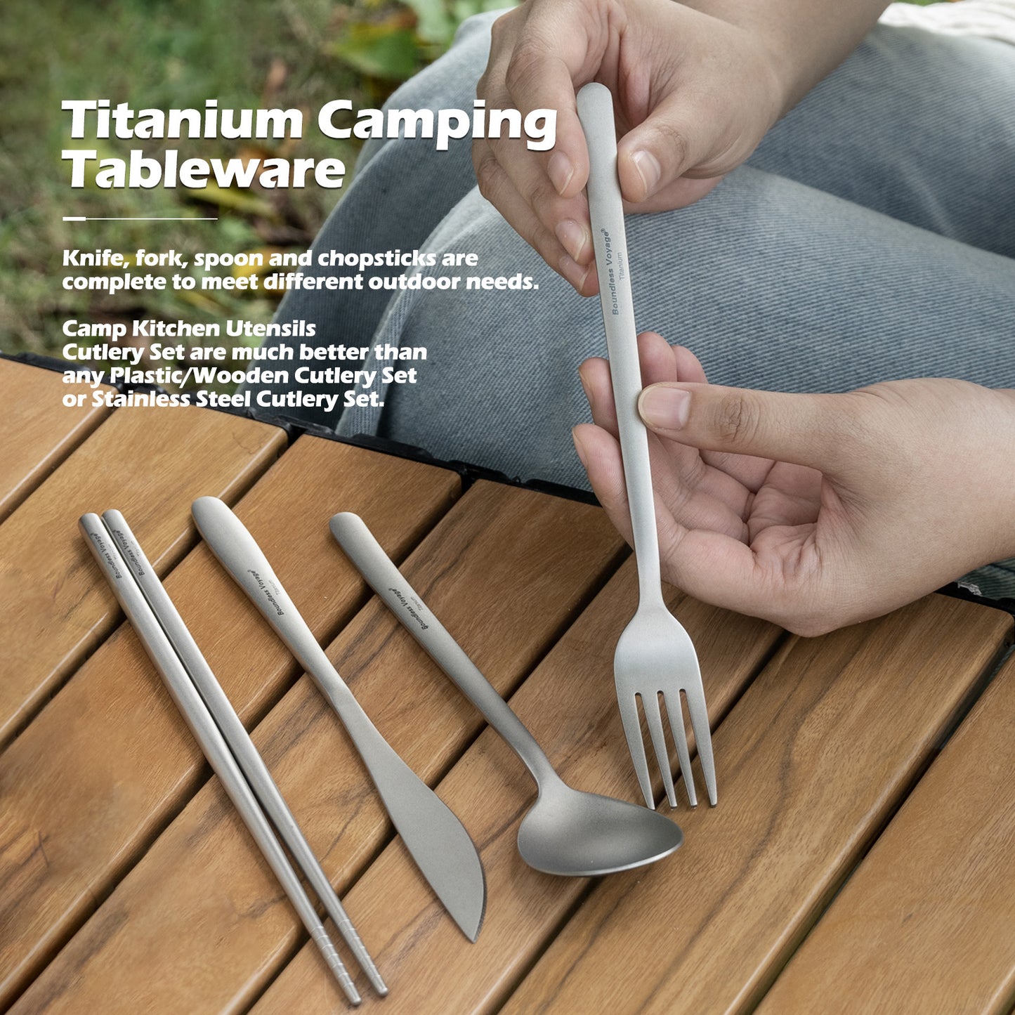 Boundless Voyage Titanium Camping Cutlery Set – Knife, Fork, Spoon & Chopsticks, Ultralight Tableware for Outdoor Travel & Home Use
