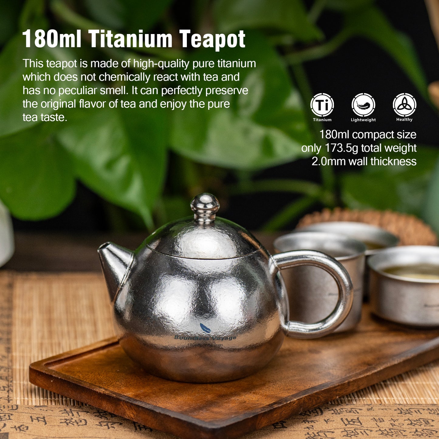 Boundless Voyage Titanium Teapot Set 180ml – Ultralight Tea Set with 3  30ml Cups for Camping, Travel & Home Tea Brewing
