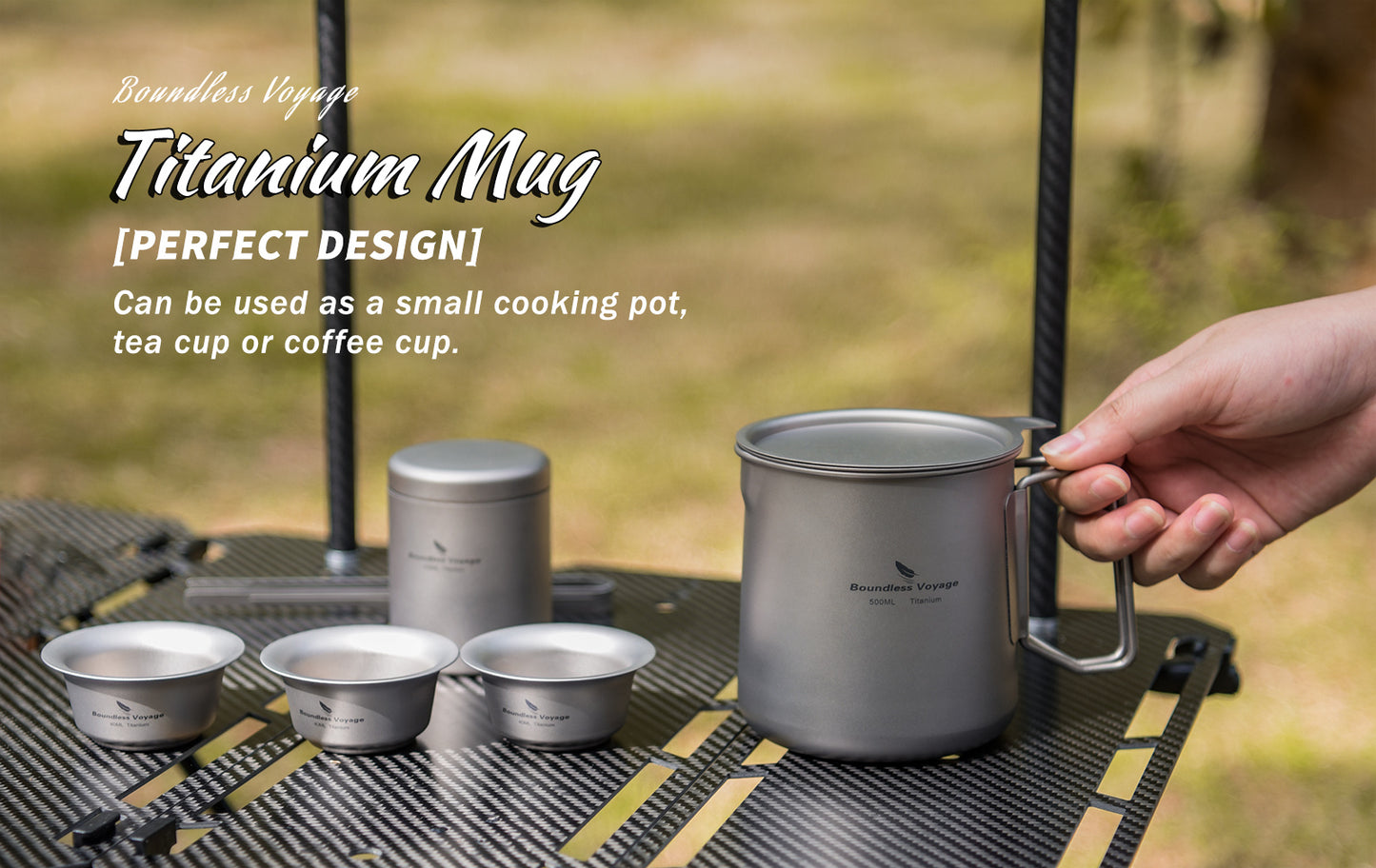 Boundless Voyage 500ml Titanium Pot with Lid & Filter – Ultralight Camping Mug with Foldable Handles for Hiking & Backpacking