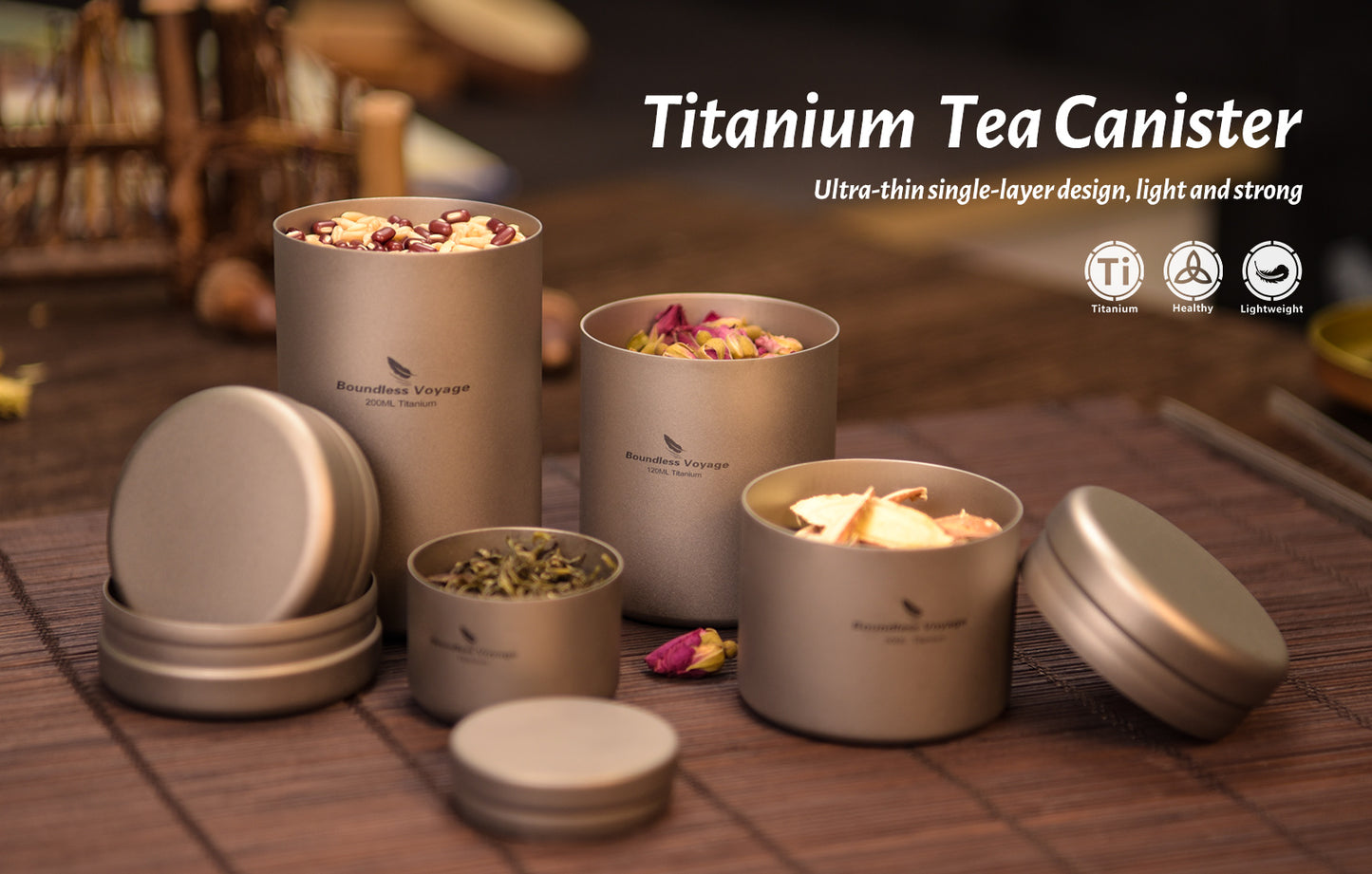 Boundless Voyage 90ml Titanium Tea Storage Canister – Ultralight Travel Tea Tin for Loose Leaf, Coffee Beans & Herbs