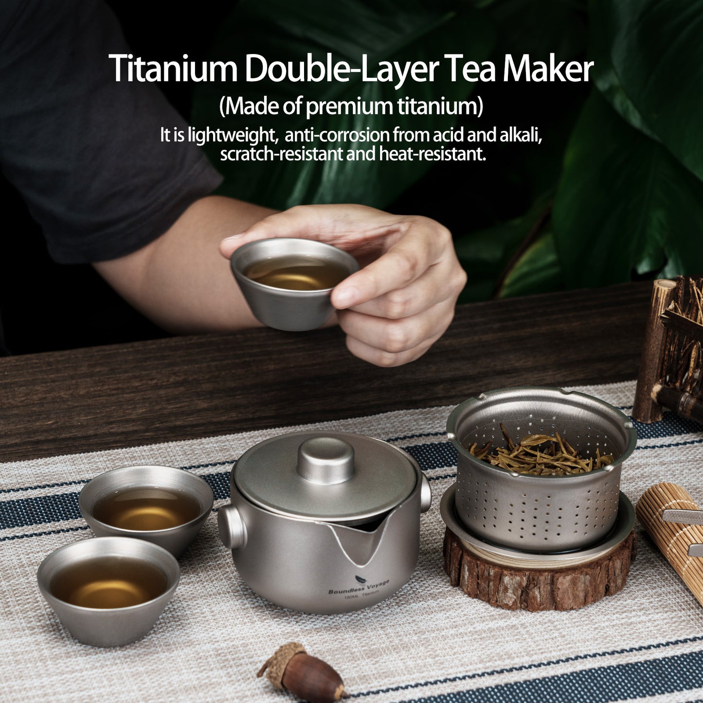Boundless Voyage Titanium Double-Layer Tea Maker with Lid Filter Ultralight Teapot with Double-Walled Anti-scalding Coffee Cup Mug