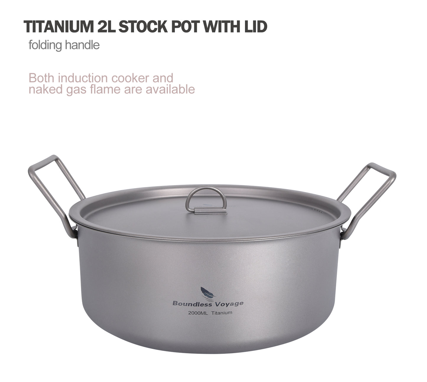 Boundless Voyage 2L TA1 Titanium Stock Pot with Lid – Ultralight Large-Capacity Camping Soup Pot with Folding Handle for Hiking & Outdoor Cooking