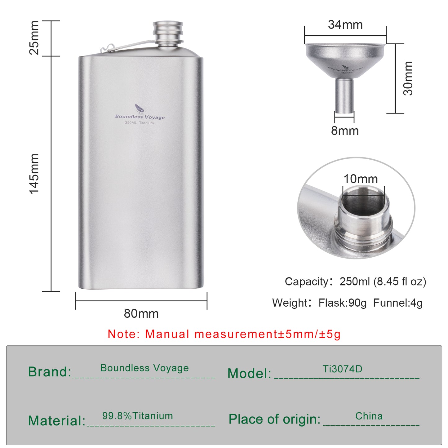 Boundless Voyage 250ml Titanium Hip Flask | Ultralight 8.5oz Pocket Whiskey Bottle | Leakproof & Non-Metallic Taste Liquor Flask for Camping, Hiking, EDC & Travel& Non-Metallic Taste Liquor Flask for Camping, Hiking & Travel Gift Set