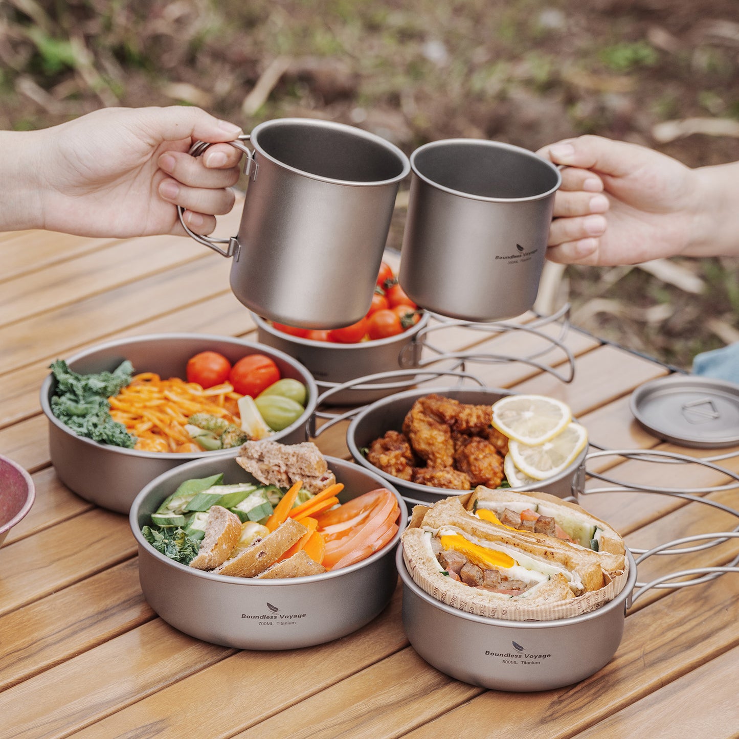 Boundless Voyage 5-Piece Titanium Bowl & Dish Set with Folding Handles – Ultralight Camping Tableware (350/500/600/700/800ml)