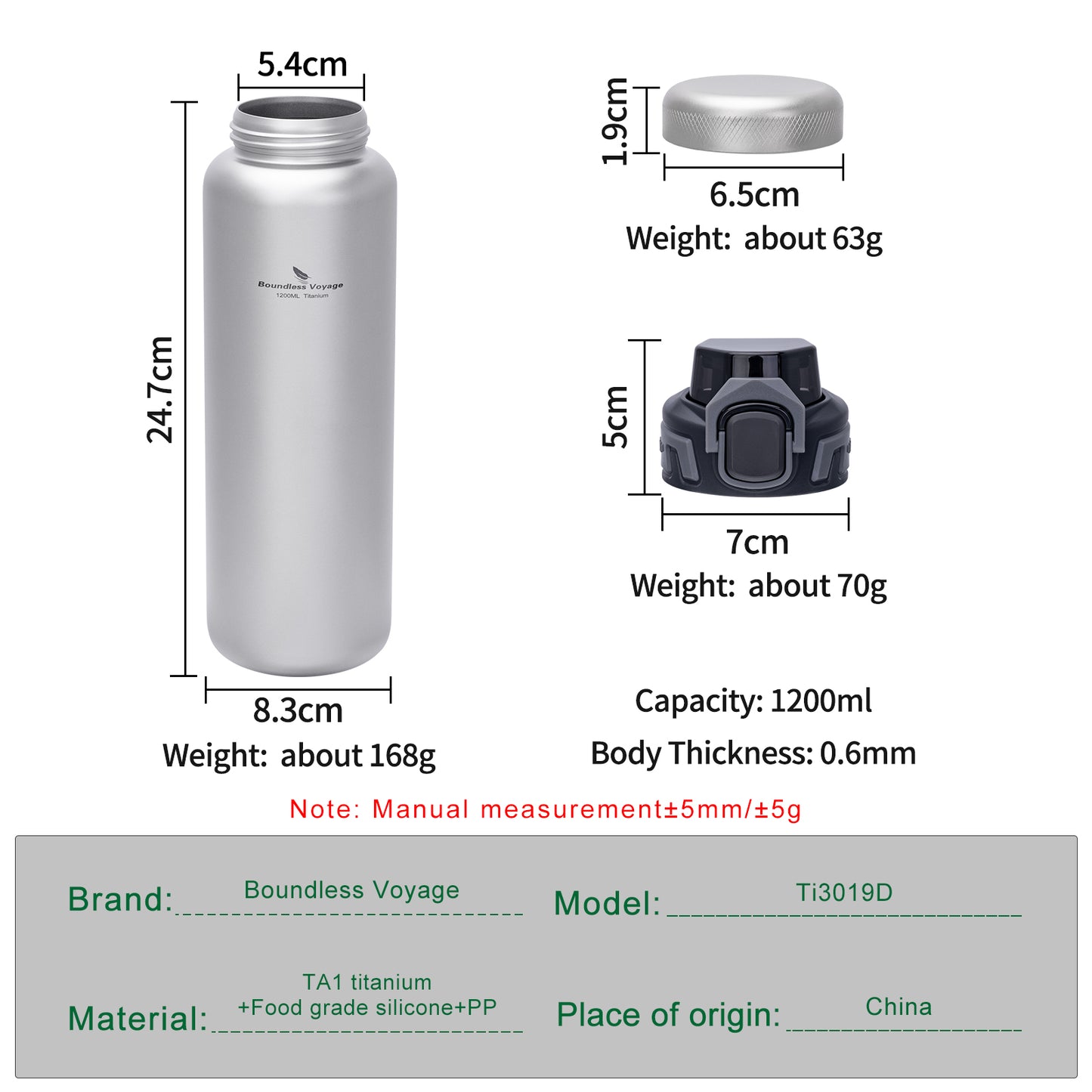 Boundless Voyage 1200ml Titanium Water Bottle with Dual Lids – Wide Mouth Leakproof Outdoor Bottle for Camping, Hiking, Gym & Travel