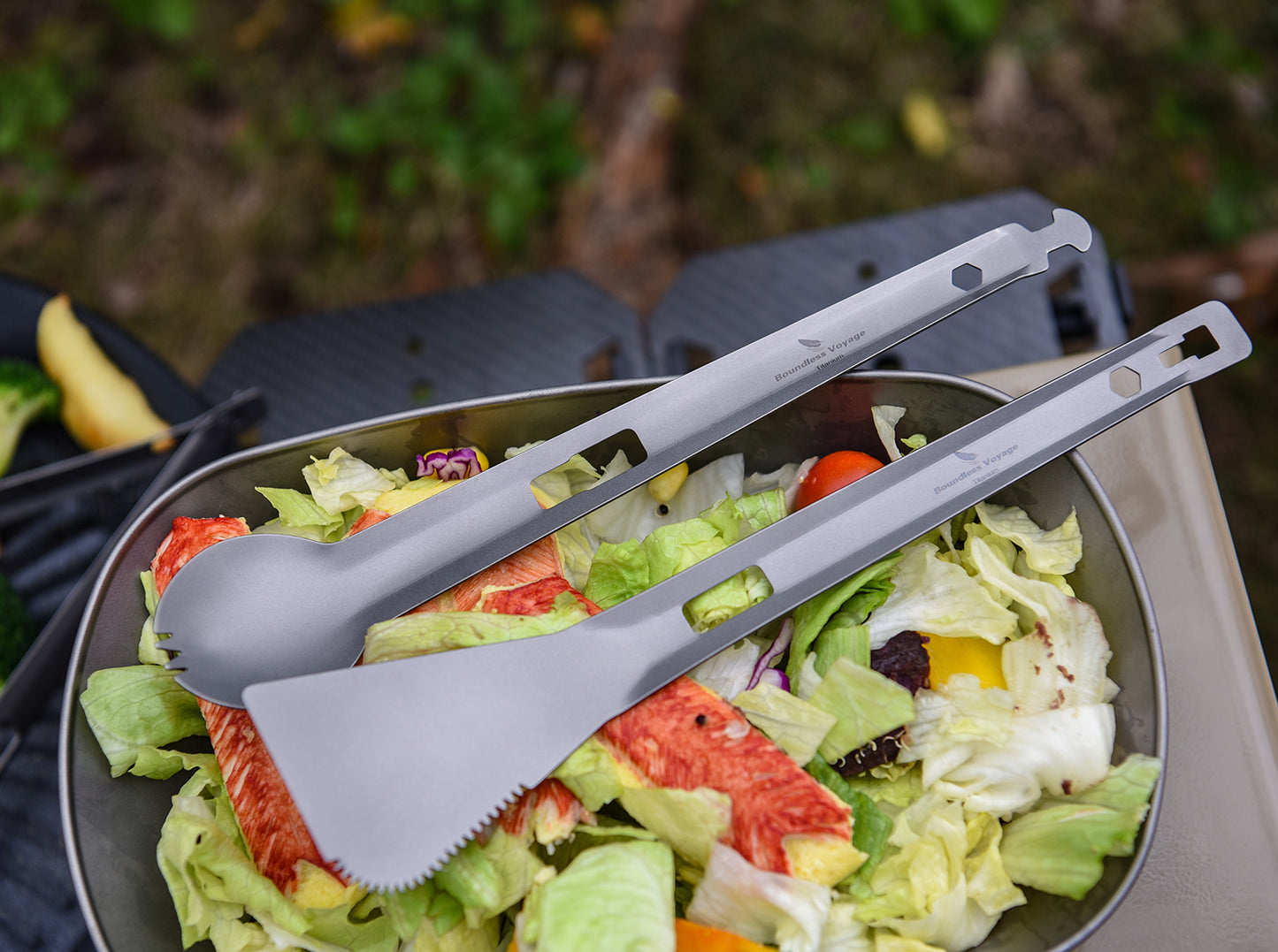 Boundless Voyage Titanium Alloy Tong, Spork，Shovel and Spatula All-In-One Utensil for Portable Lightweight Multi Utensil for Camping Kitchen Cookware Backpacking, Travel, Outdoor Cooking Eating
