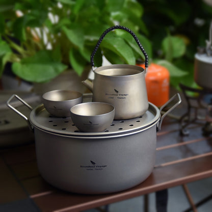 Boundless Voyage Multifunctional Titanium Steamer Soup Pot Frying Pan Set with Lid Outdoor Camping Wok Tea Tray Saucepan Mess Kit