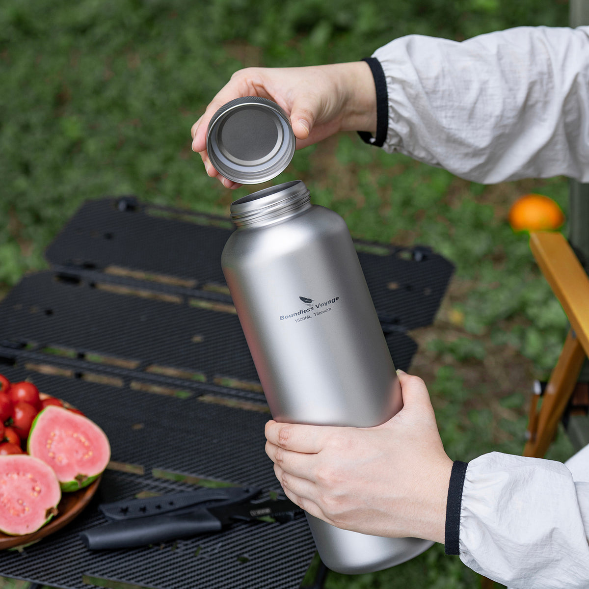 Boundless Voyage 1500ml Titanium Water Bottle – Lightweight Leak-Proof 1.5L Bottle with 2 Lids for Camping, Hiking, Travel & Gym