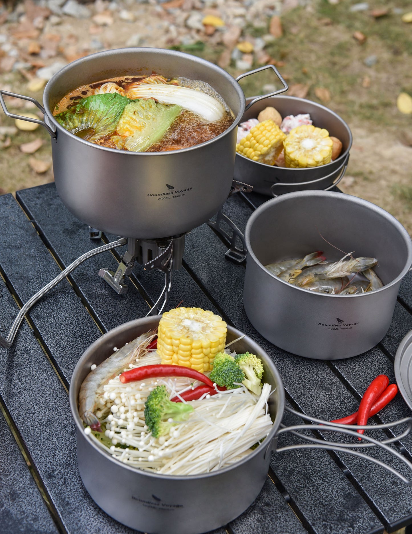 Boundless Voyage Titanium 3pcs Camping Cookware Mess Kit, Camping Cooking Set,  Portable Nonstick Camp Pots Set 1.4L 1.6L 2.4L for Outdoor Camping, Picnic, Hiking, Backpacking