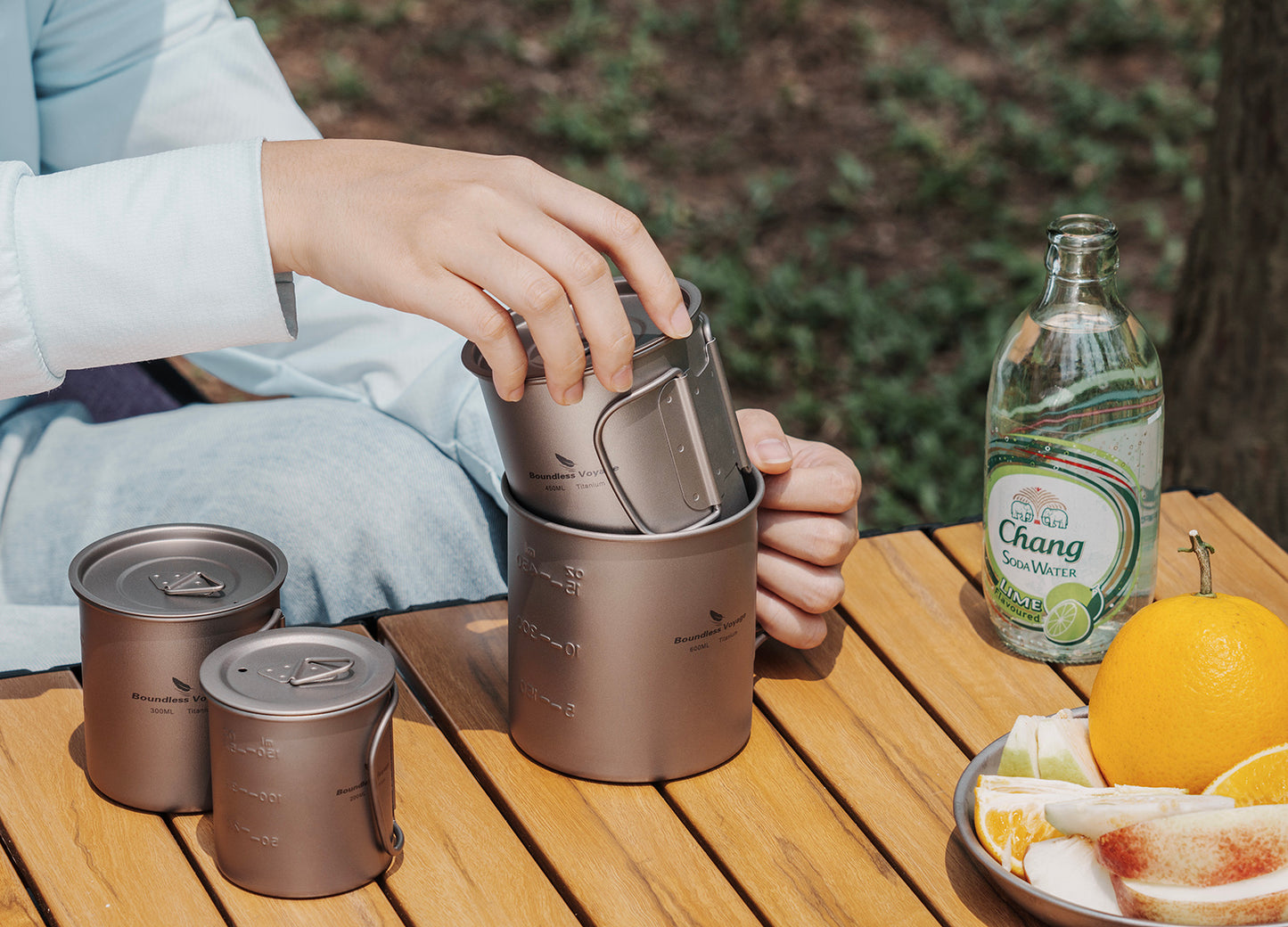 Boundless Voyage 3-Piece Ultralight Titanium Nesting Cup Set | 200/300/450ml Stackable Camping Mug Kit