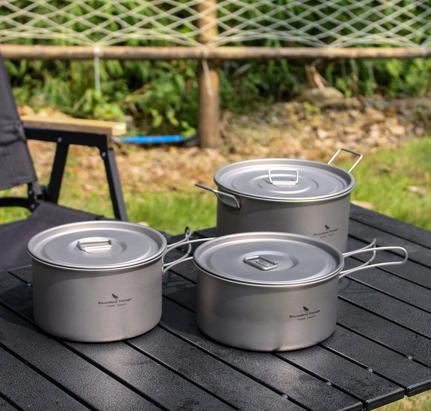 Boundless Voyage Titanium 3pcs Camping Cookware Mess Kit, Camping Cooking Set,  Portable Nonstick Camp Pots Set 1.4L 1.6L 2.4L for Outdoor Camping, Picnic, Hiking, Backpacking