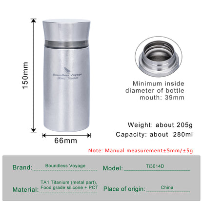 Boundless Voyage 280ml Titanium Vacuum Flask Small Insulated Bottle Portable Car Travel Coffee Tea Cup Keeps Hot or Cold Mini Sports Water Bottle for Chlid Girls Ti3014D