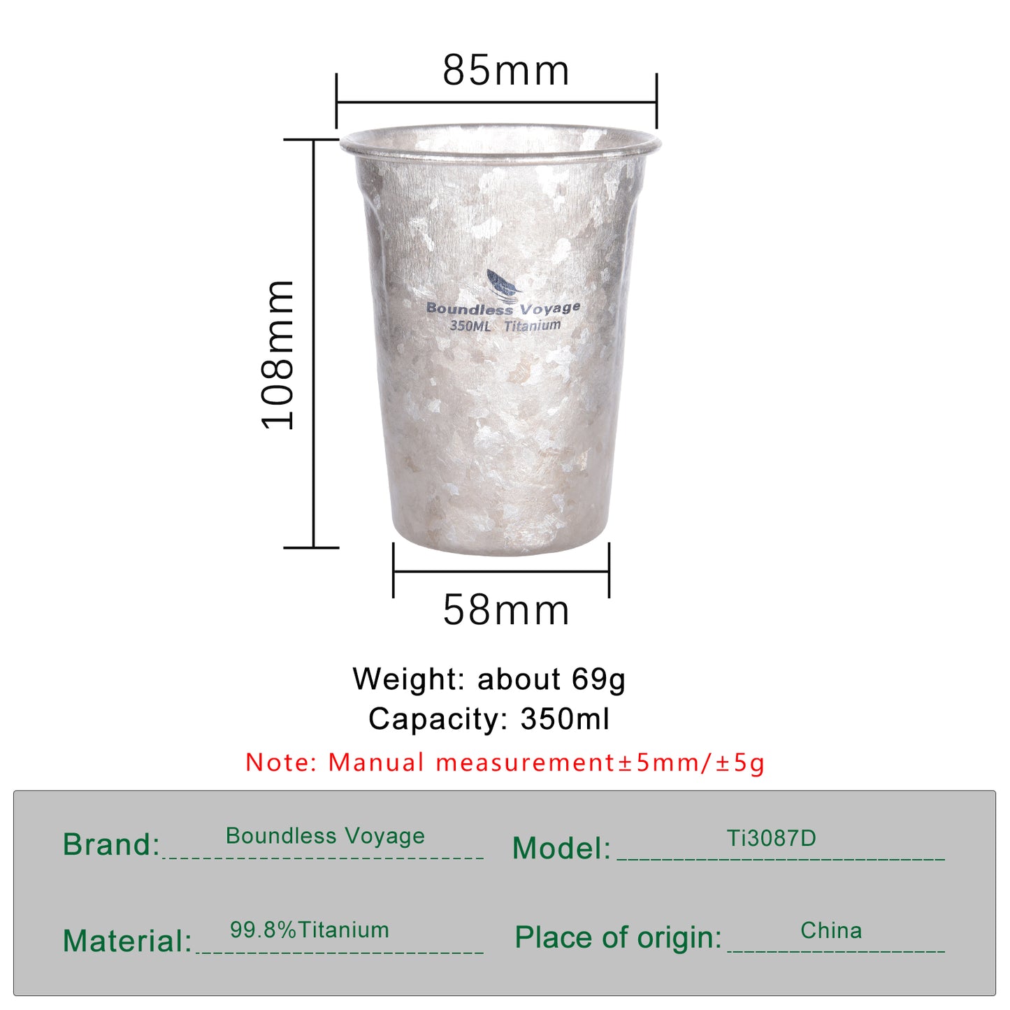 Boundless Voyage 350ml TA1 Titanium Ultralight Cup – Portable Coffee, Beer & Tea Mug for Camping, Hiking & Travel (12oz)