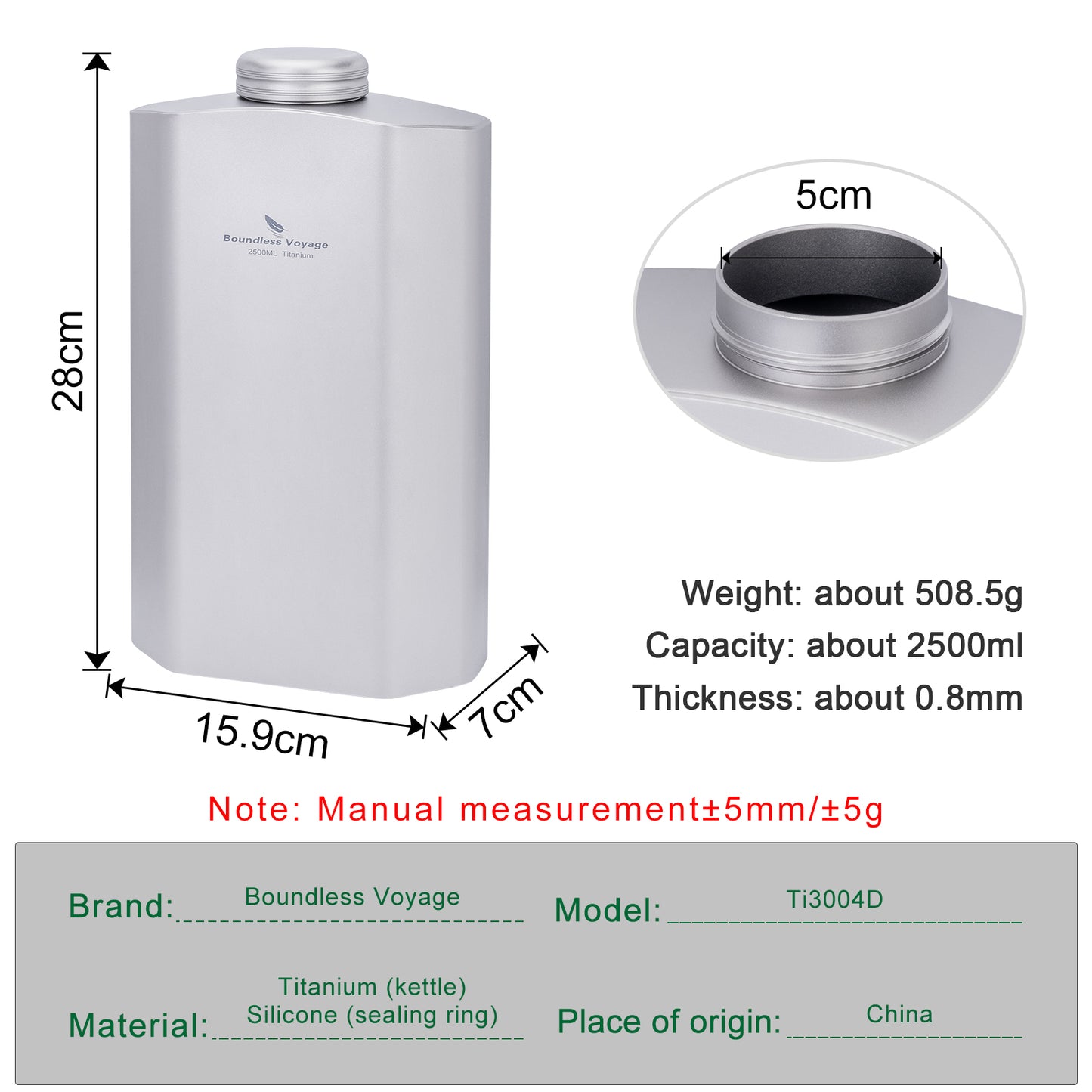 Boundless Voyage Titanium Water Bottle 2500ML Big Capacity Sports Water Bottle Ultralight Leakproof Drinkware for Outdoor Camping Hiking