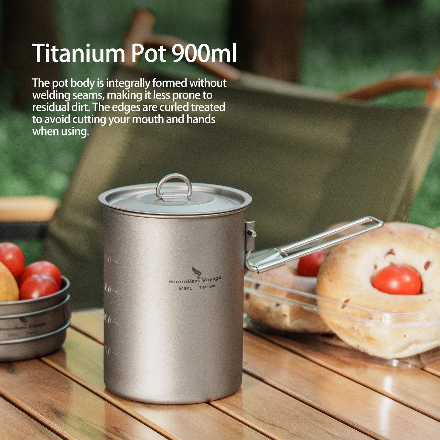Boundless Voyage Outdoor Camping Titanium Pot Bowl Cup with Lid Folding Handle Hiking Picnic Water Rice Food 900ml