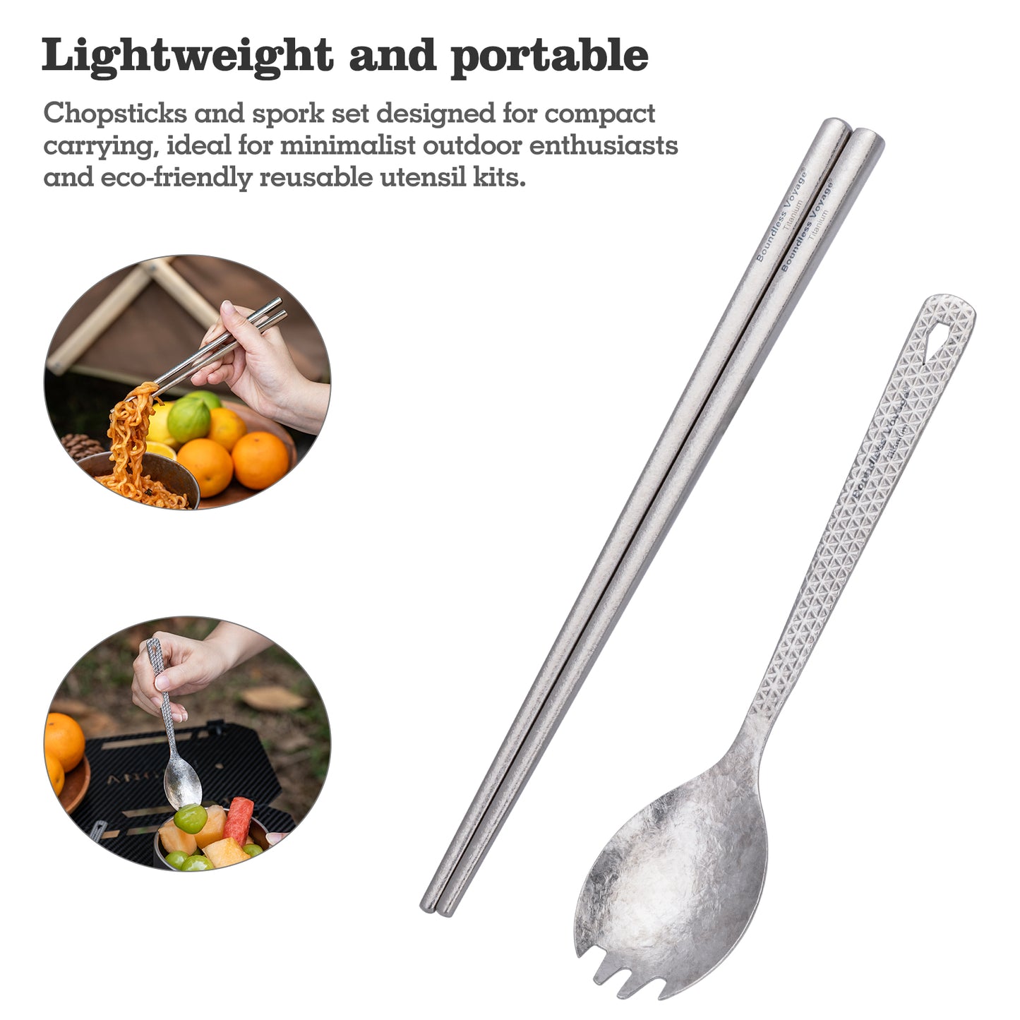 Boundless Voyage Titanium Chopsticks & 2-in-1 Spork Set Camping Cutlery Lightweight Travel Utensils Portable Outdoor Hiking Backpacking Faltware, Dishwasher Safe, No Coating with Storage Bag