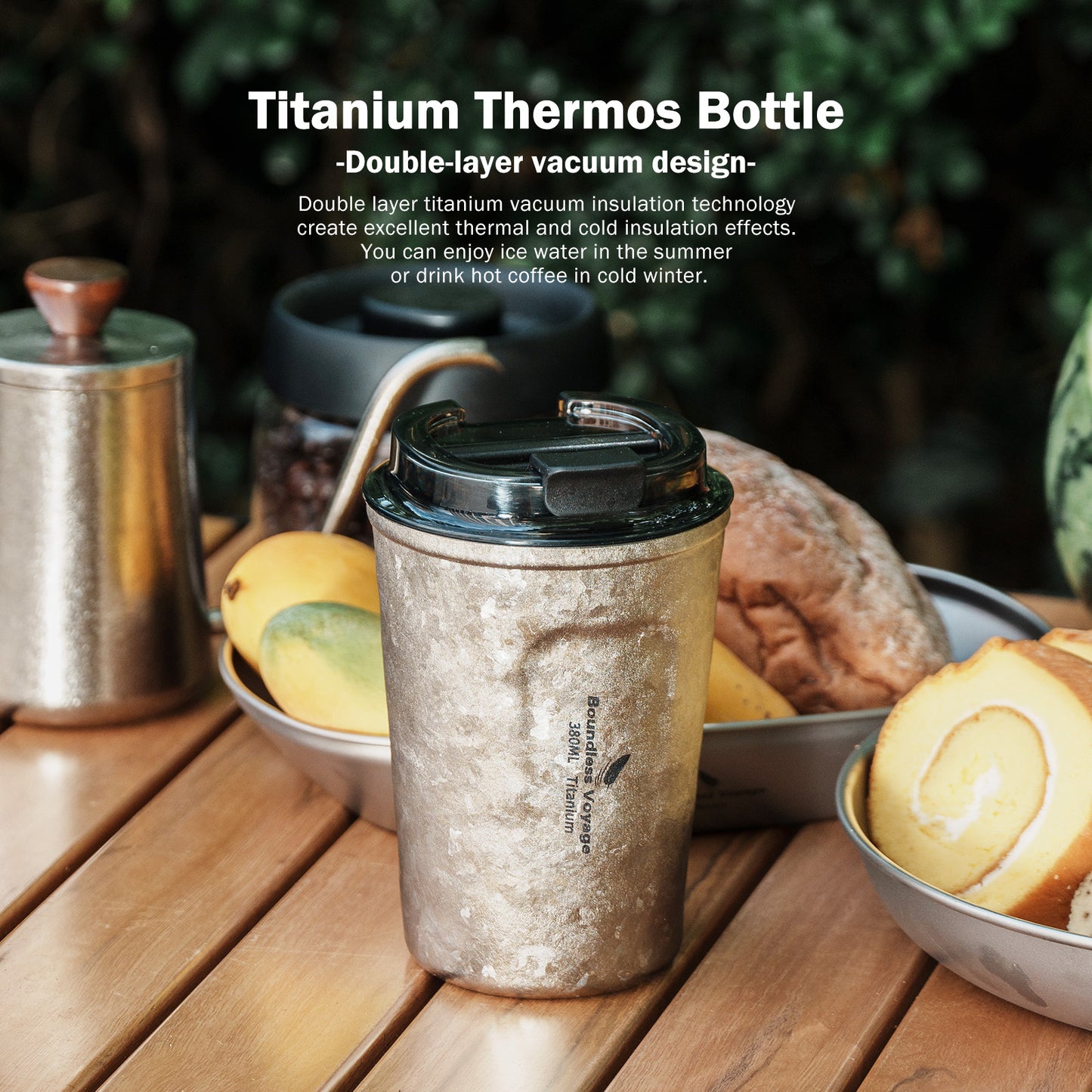 Boundless Voyage Titanium Thermos Bottle with Lid Double-Walled Insulated Water Mug 380ml