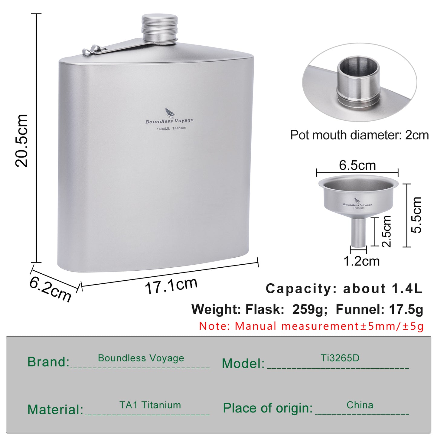 Boundless Voyage Titanium Flask Bottle 1400ML Big Capacity Sports Drinkware With TItanium Funnel  for Outdoor Camping Hiking