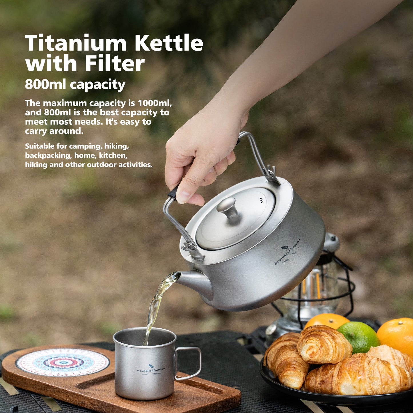 Boundless Voyage 800ML Titanium Kettle with Filter & Folding Handle Ultralight Teapot Outdoor Camping Water Jug for Loose Tea Ti3093D