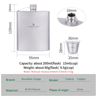 Boundless Voyage Titanium Flask with Cup 200ml Ultralight Pocket Hip Flask for Outdoor Camping Hiking