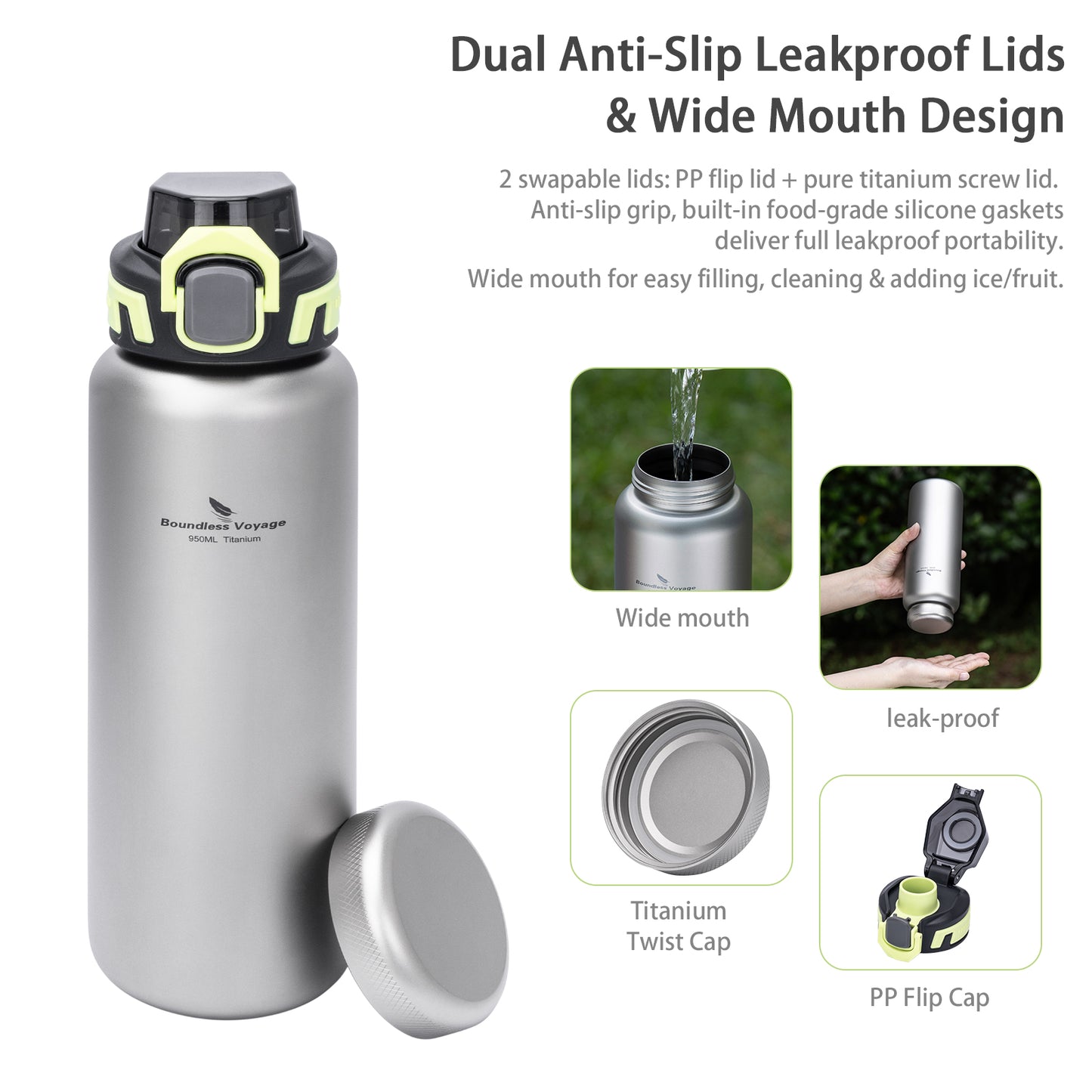 Boundless Voyage 950ml Titanium Water Bottle with Lids – TA1 Ultralight Wide Mouth Canteen for Hiking, Camping & Travel