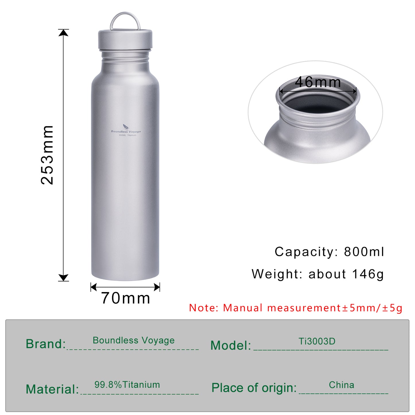 Boundless Voyage 800ml Titanium Water Bottle – Lightweight, Non-Toxic & Perfect for Hiking, Camping & Everyday Use