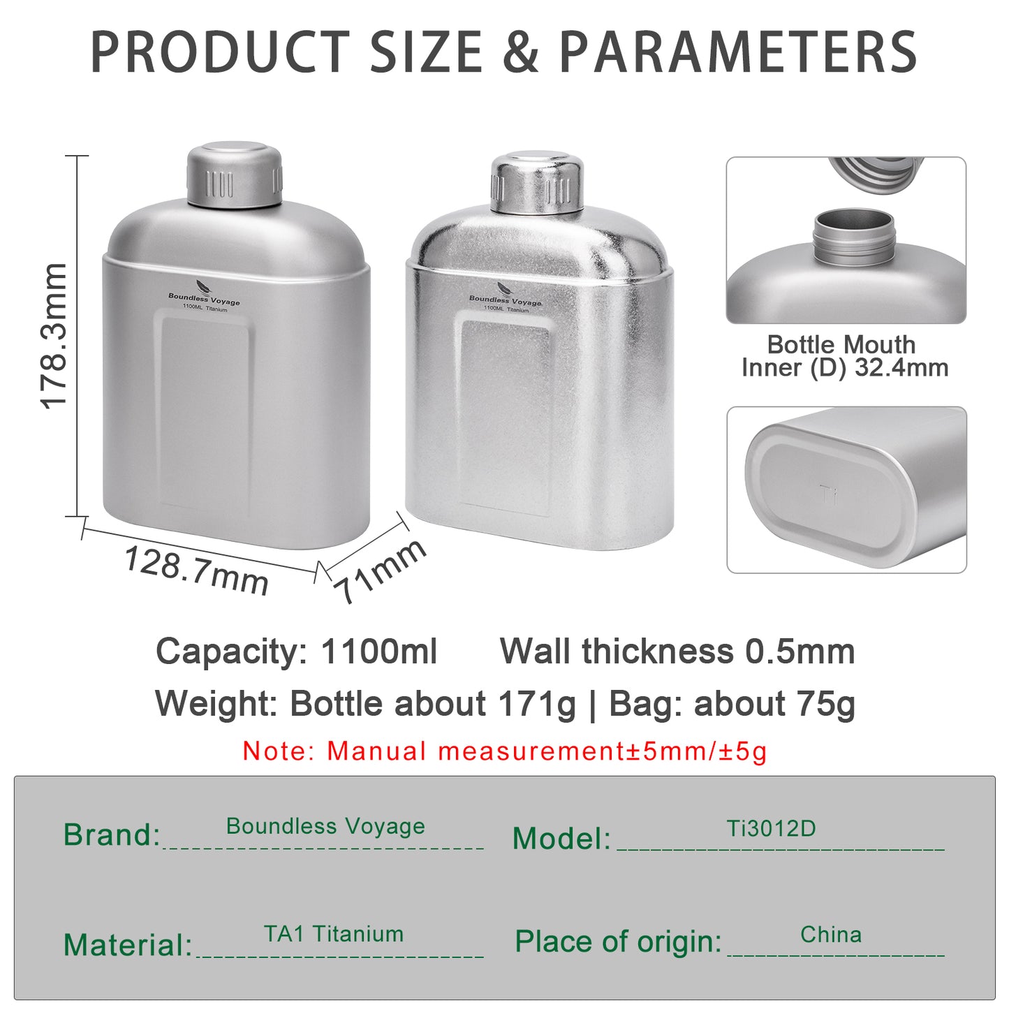Boundless Voyage 1100ml TA1 Titanium Water Bottle – Single Wall Open-Fire Canteen with Leakproof Lid & Carry Sleeve for Camping & Outdoor Survival