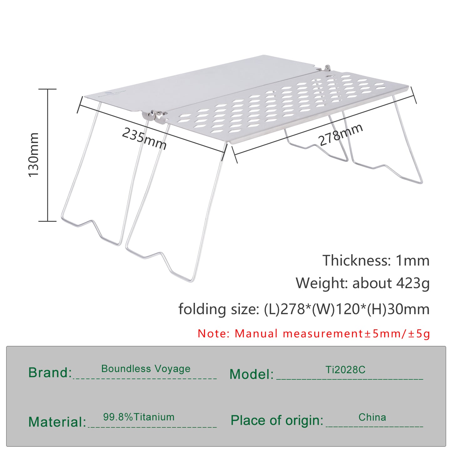 Boundless Voyage Titanium Folding Camping Table with Legs Outdoor Tableware Suitable for Picnic Camping Outdoor Hiking Ti2028C