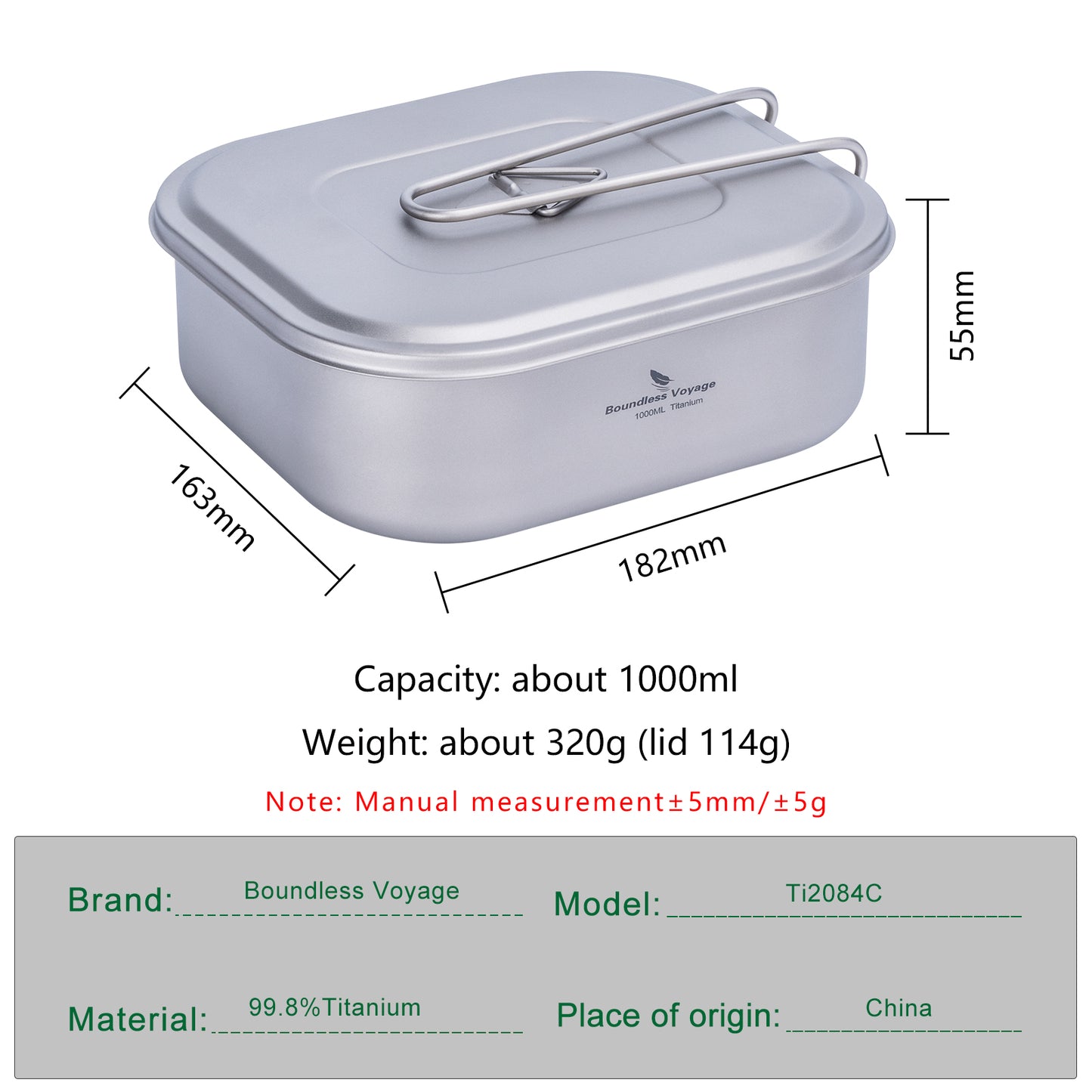 Boundless Voyage Outdoor Titanium Military Mess Tin with Lid & Folding Handle – 1000ml | Ultralight Camping Bushcraft Cookware, Lunch Box, Bowl & Pan