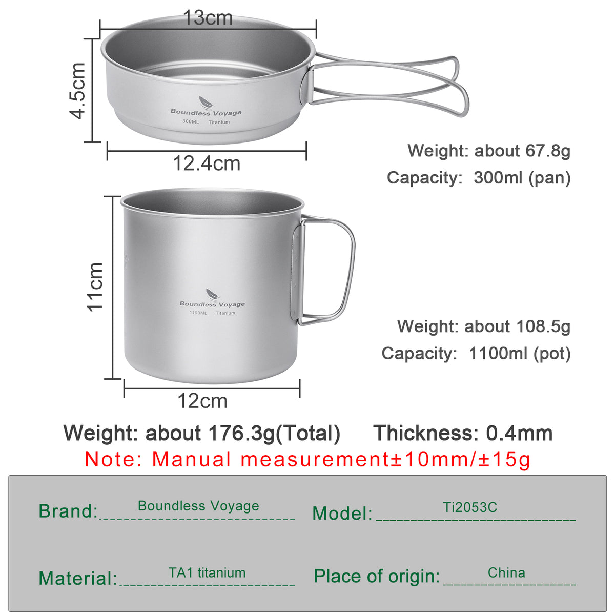 Boundless Voyage Titanium Pot & Pan Set with Folding Handles – Ultralight Camping Cookware Mess Kit for Hiking, Picnic & Outdoor Tableware