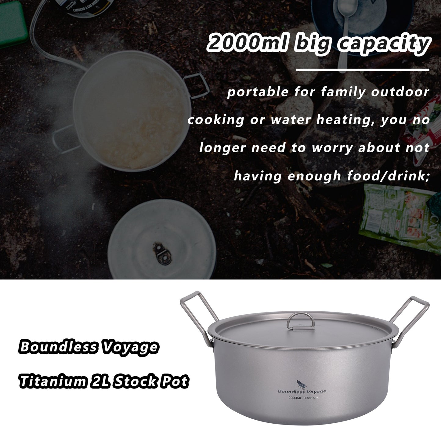 Boundless Voyage 2L TA1 Titanium Stock Pot with Lid – Ultralight Large-Capacity Camping Soup Pot with Folding Handle for Hiking & Outdoor Cooking