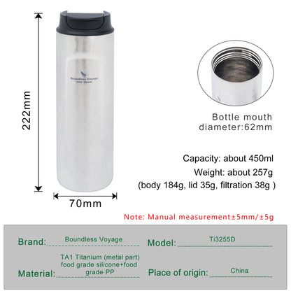 Boundless Voyage Titanium French Press Coffee Tumbler Thermos with Lid Double-Walled Insulated Water Bottle Mug 450ml