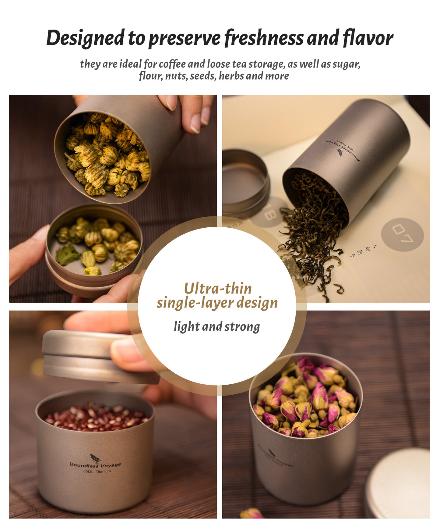 Boundless Voyage 200ml Titanium Tea Caddy – Compact, Ultralight Storage for Tea, Coffee Beans, Spices & Travel