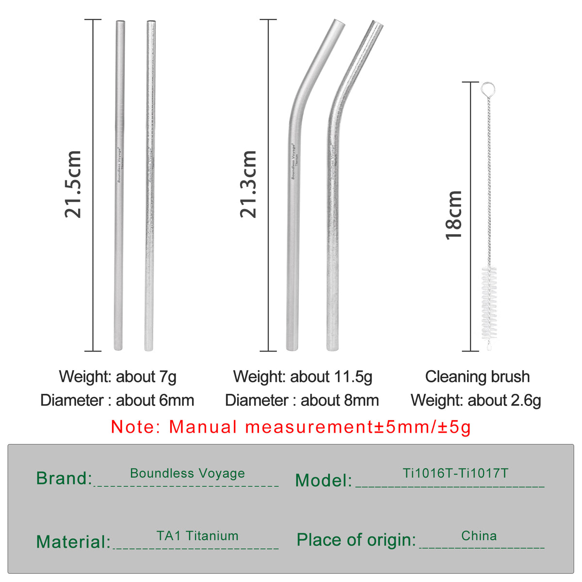 Boundless Voyage 213mm Titanium Bent Straw – TA1 Pure Titanium Reusable Drinking Straw with Cleaning Brush & Carry Bag