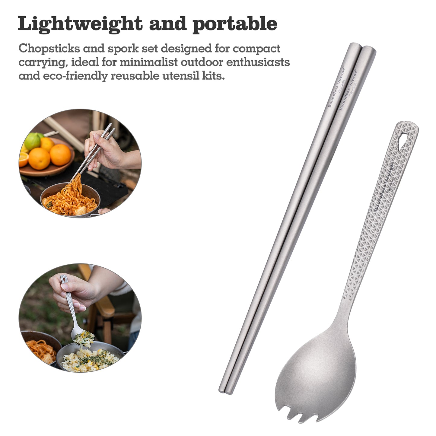 Boundless Voyage Titanium Chopsticks & 2-in-1 Spork Set Camping Cutlery Lightweight Travel Utensils Portable Outdoor Hiking Backpacking Faltware, Dishwasher Safe, No Coating with Storage Bag