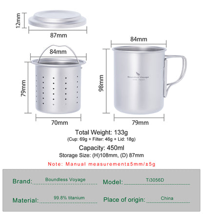 Boundless Voyage 450ml Titanium Cup with Filter Folding Handles Outdoor Camping Ti Tea Coffee Mug 15.2 fl oz Portable Lightweight Tea Maker Can Be Heated