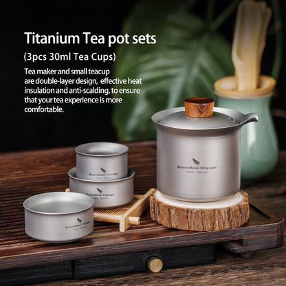 Boundless Voyage Titanium Titanium Double-Layer Tea Maker + 3pcs 30ml Tea Cups Lightweight Outdoor Camping Portable Tea pot sets