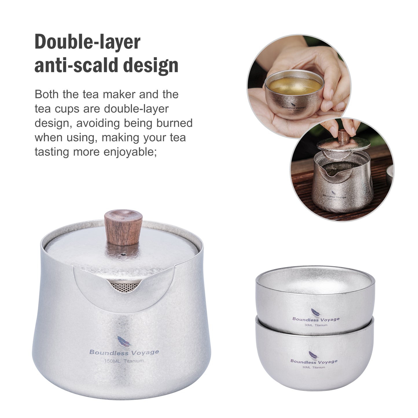 Boundless Voyage 150ml Titanium Double-Layer Tea Set | 109g Ultralight Mini Teapot & 30ml Cup | Insulated Anti-Scald Travel Tea Maker for Camping