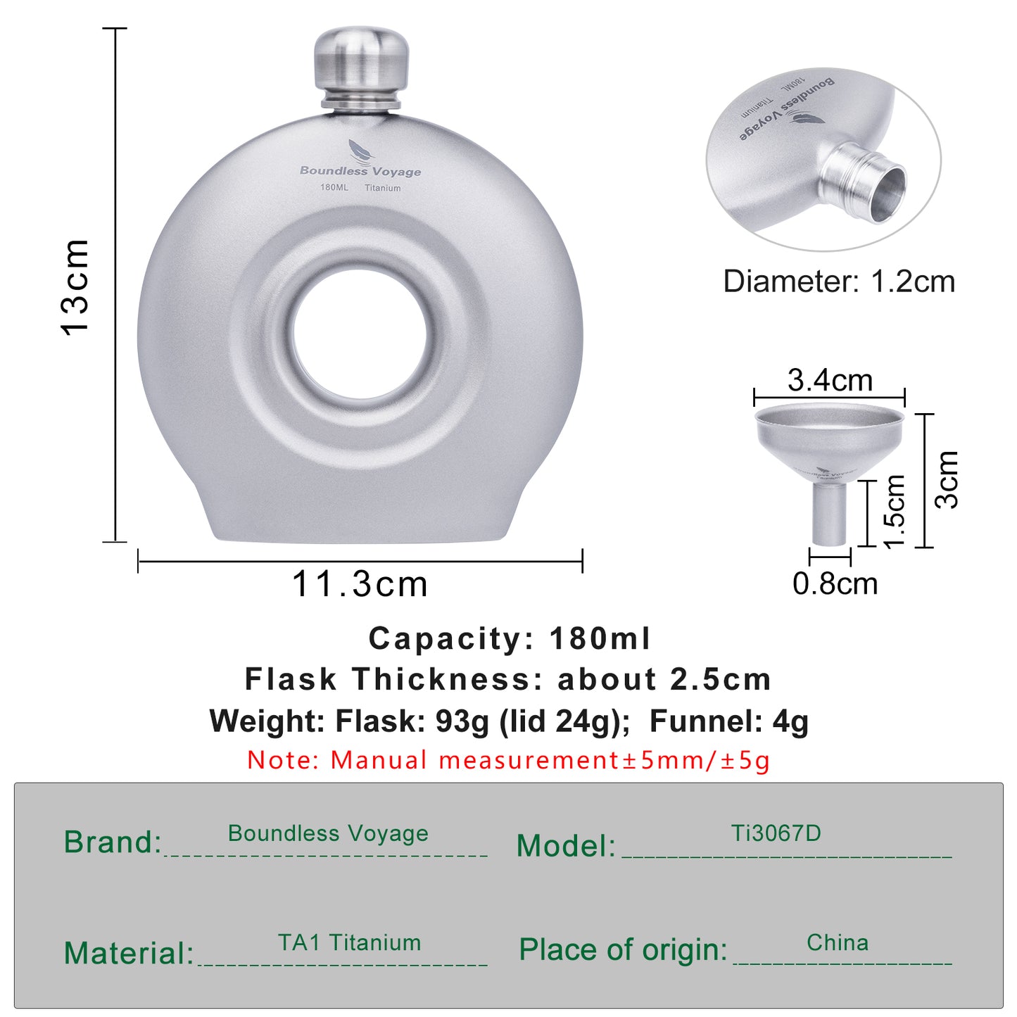 Boundless Voyage Titanium Titanium Flask 180ML+funnel for Camping Home Whiskey Flask