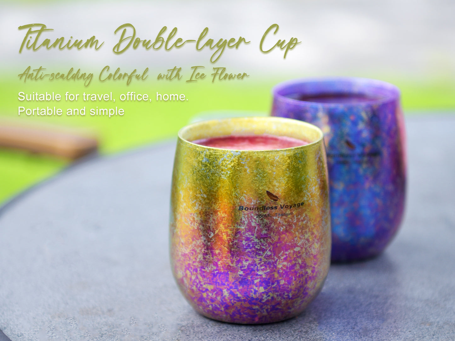 Boundless Voyage 260ml Double-Wall Titanium Cup – Colorful Insulated Mug with Ice Texture, Ultralight TA1 Titanium Coffee Tea Cup for Camping, Beer & Travel
