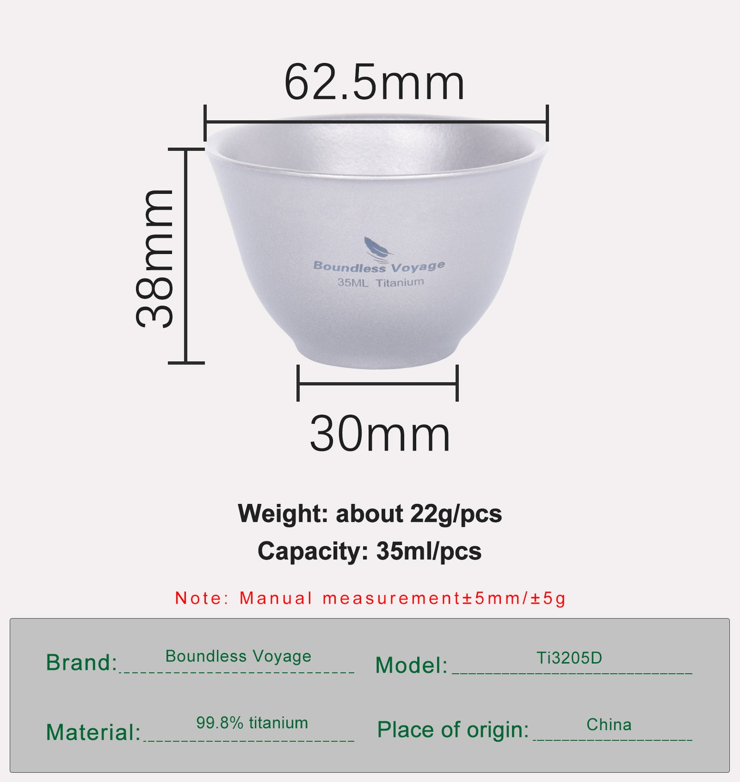 Boundless Voyage 35ml Titanium Double-Walled Tea Cup | 18g Ultralight Mini Tasting Mug | Anti-Scald Insulated Kung Fu Teacup for Camping