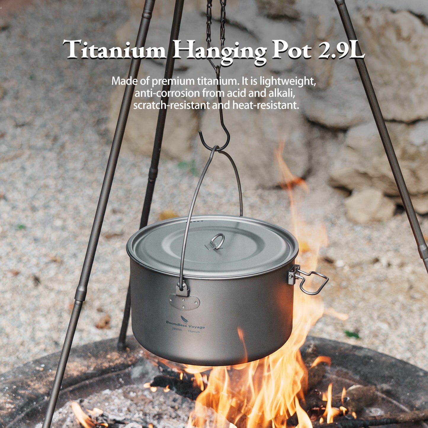 Boundless Voyage 2900ml TA1 Titanium Hanging Pot – Ultralight Large-Capacity Cooking Pot for Camping, Backpacking & Outdoor Bushcraft