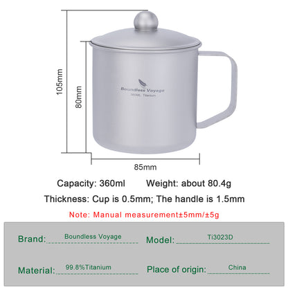 Boundless Voyage Titanium Camping Mug Cup with Lid Ultra-light Portable Hiking Backpacking