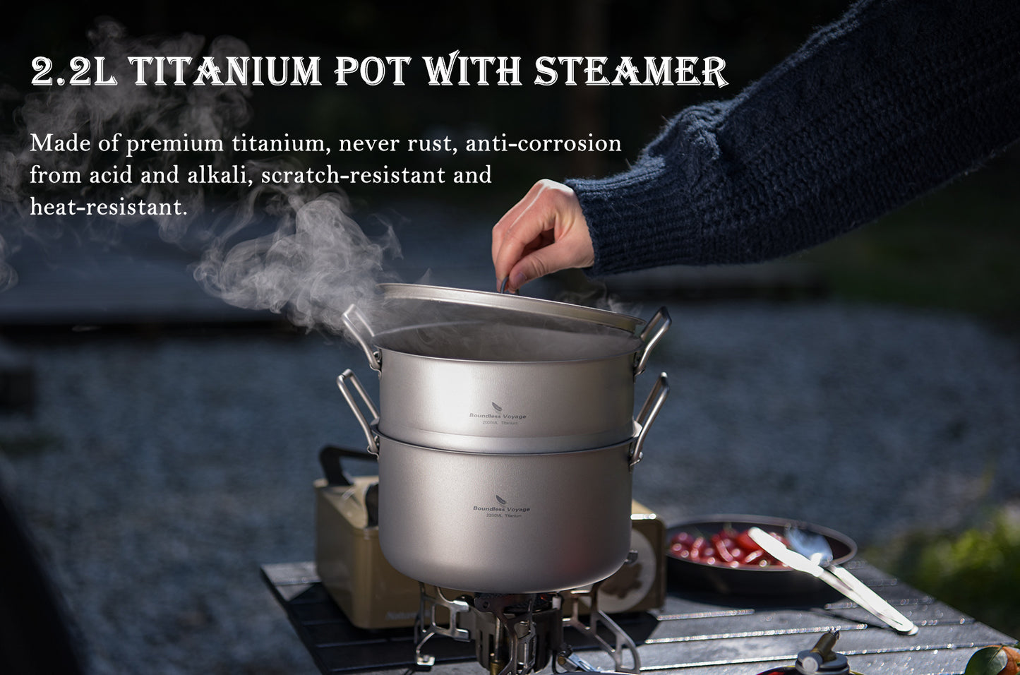 Boundless Voyage Titanium Pot with Steamer 2.2L +1.8L – Ultralight Multifunctional Camping Cookware with Steamer & Lid, TA1 Titanium Outdoor Cooking Kit for Camping, Hiking & Travel