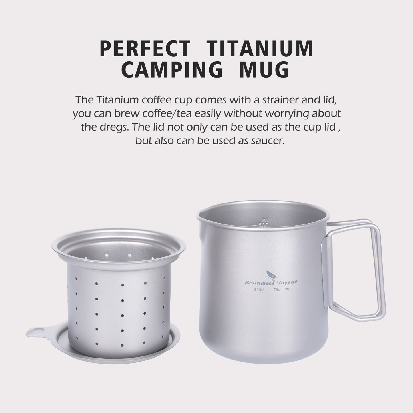 Boundless Voyage Titanium Pot, Camping Pot Titanium Cup Tianium Backpacking Pot with Partable Foldable Handles for Outdoor Camping Hiking Backpacking (500ml mugcup+small cups ×2)