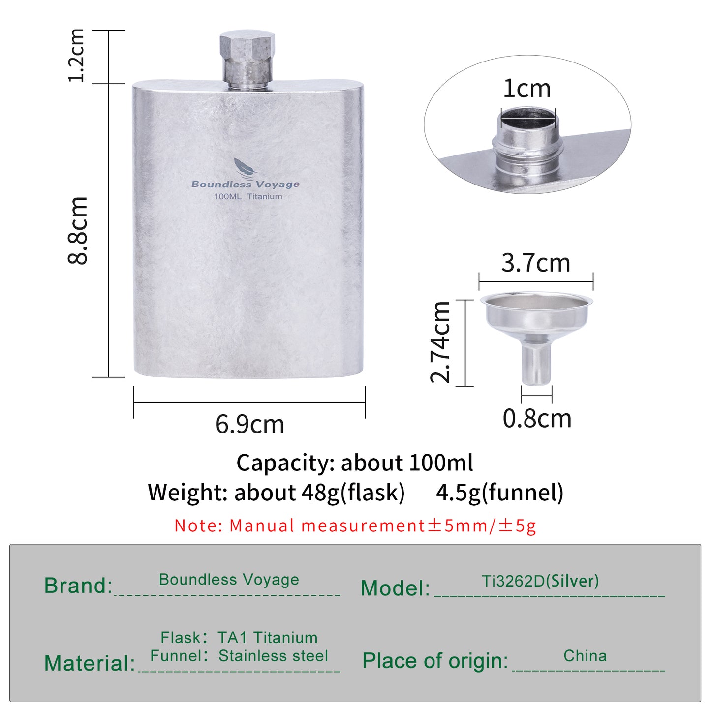 Boundless Voyage 100ml Titanium Flask – Ultralight Mini Ti Bottle for Whiskey, Wine, Water & Travel