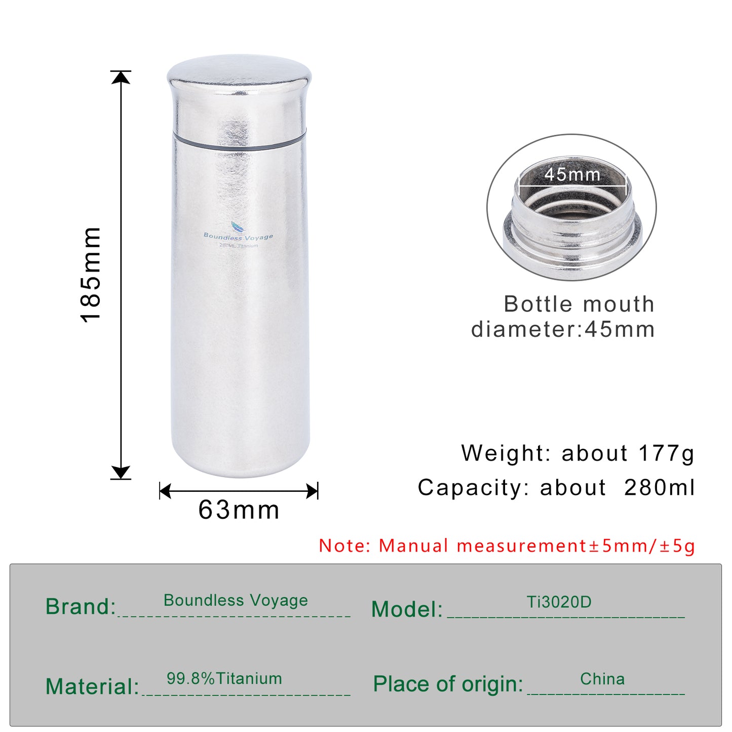 Boundless Voyage 280ml Titanium Vacuum Flask – Leakproof Sports Water Bottle, Keeps Drinks Hot & Cold