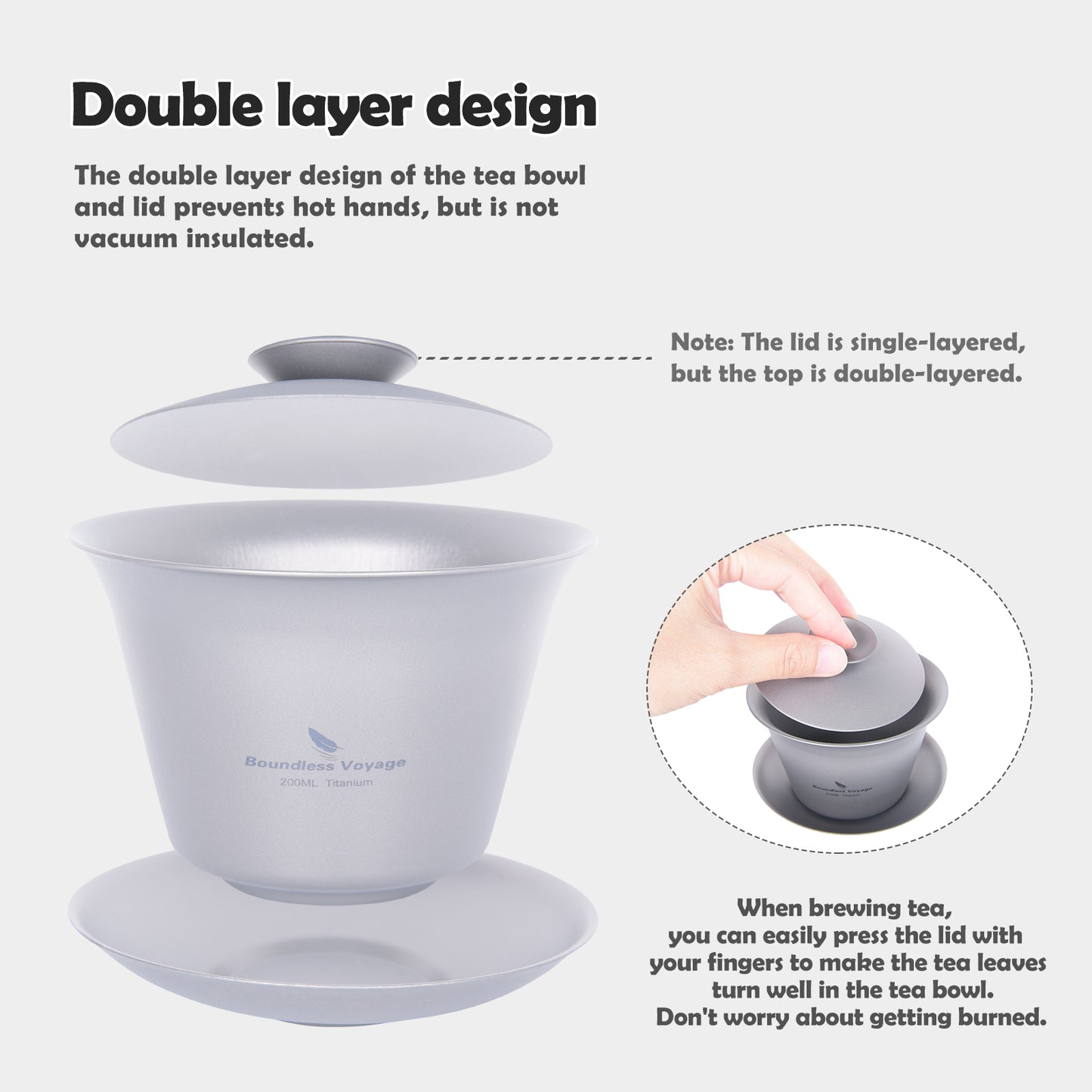 Boundless Voyage Titanium Gaiwan Kung Fu Tea Cup and Saucer with Lid Chinese Traditional Gaiwan Double Walled Durable Tea Bowl Teacup with Cover Lightweight Tea Set Outdoor Camping Portable Tureen